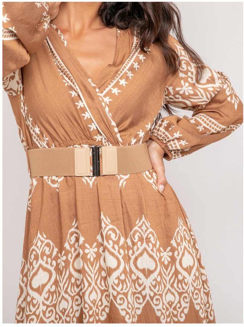 Vestito stampato a maniche lunghe con cintura ILATINE Beige - Kiabi