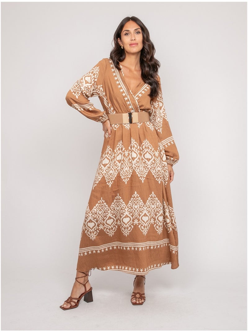 Vestito stampato a maniche lunghe con cintura ILATINE Beige - Kiabi
