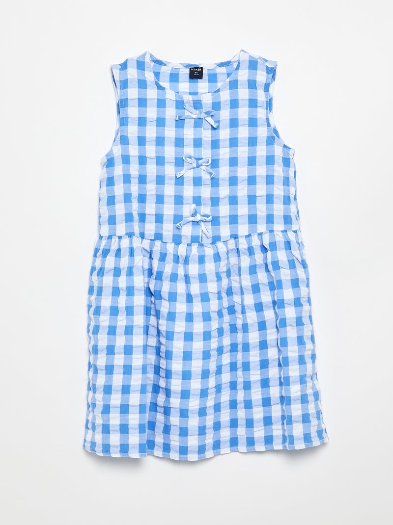 Vestito vichy a maniche corte con fiocco + elastico per capelli Blu - Kiabi