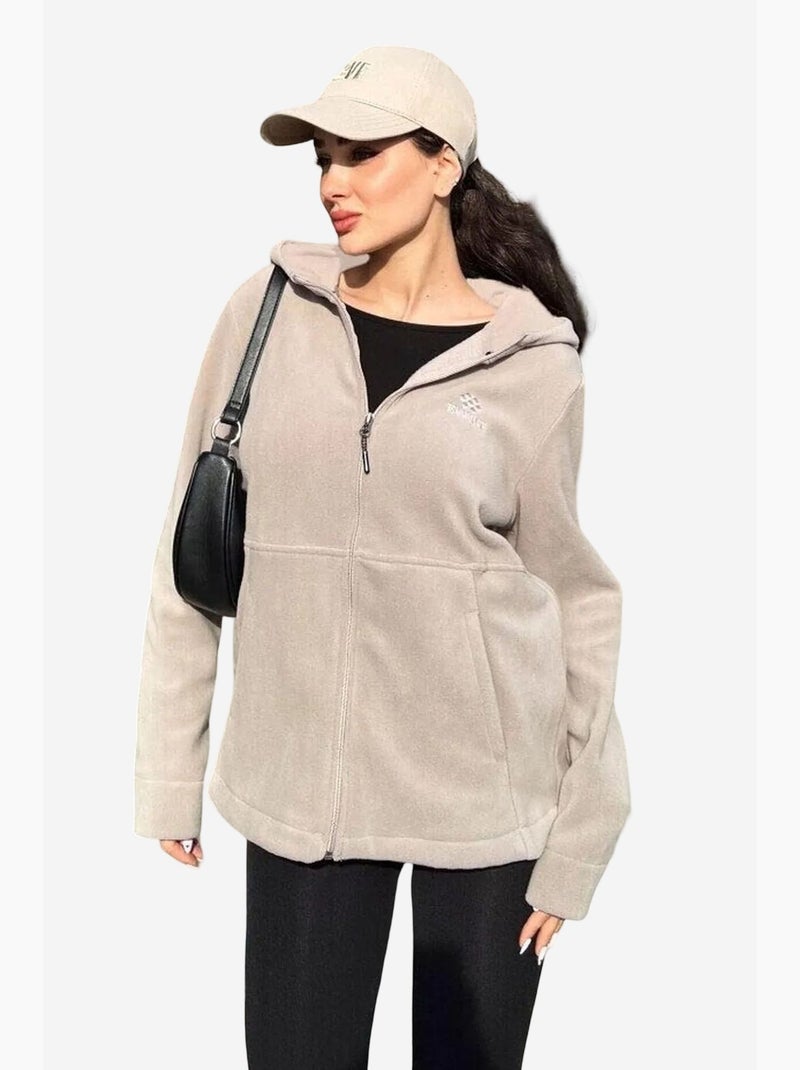 Women's felpa con cappuccio in peluche con zip frontale tommy Beige argilla - Kiabi