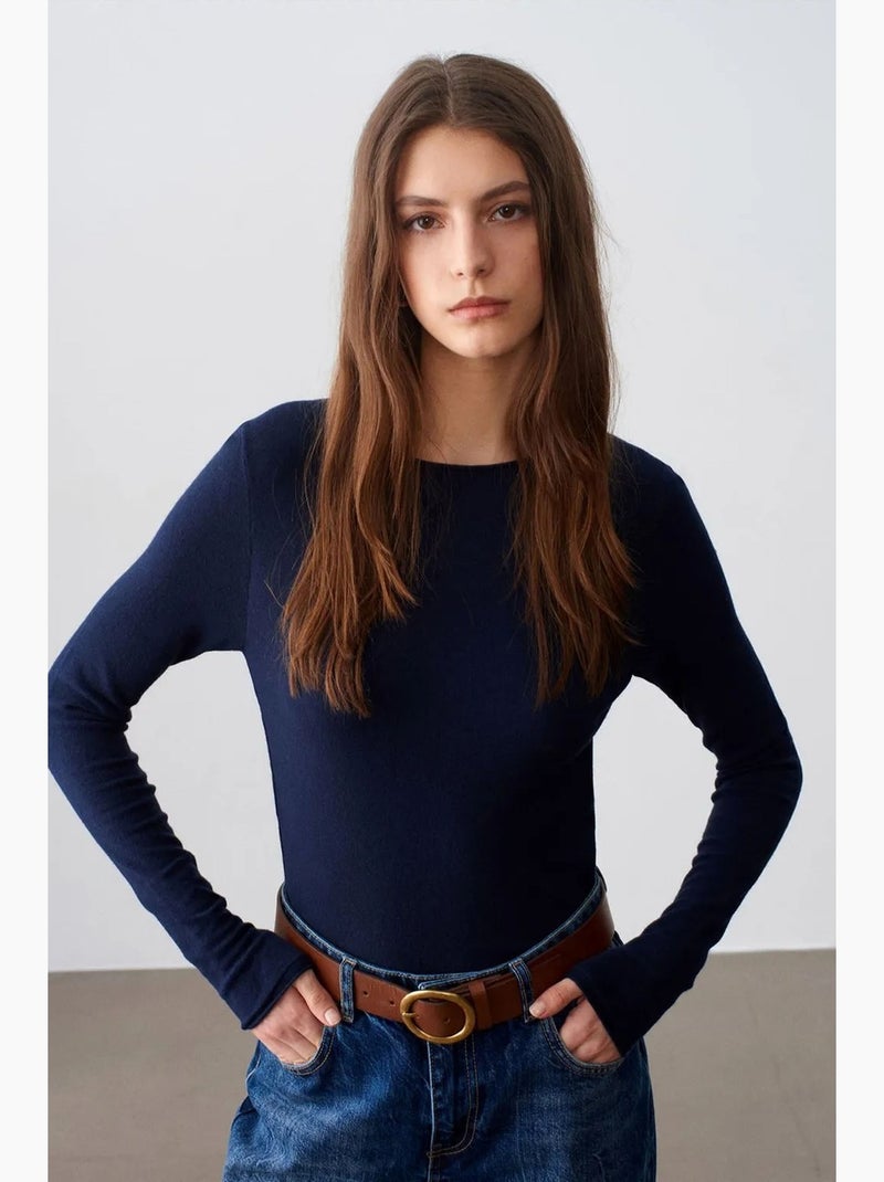 Women's maglione a coste con scollo a barca slim fit dilvin Blu marino - Kiabi