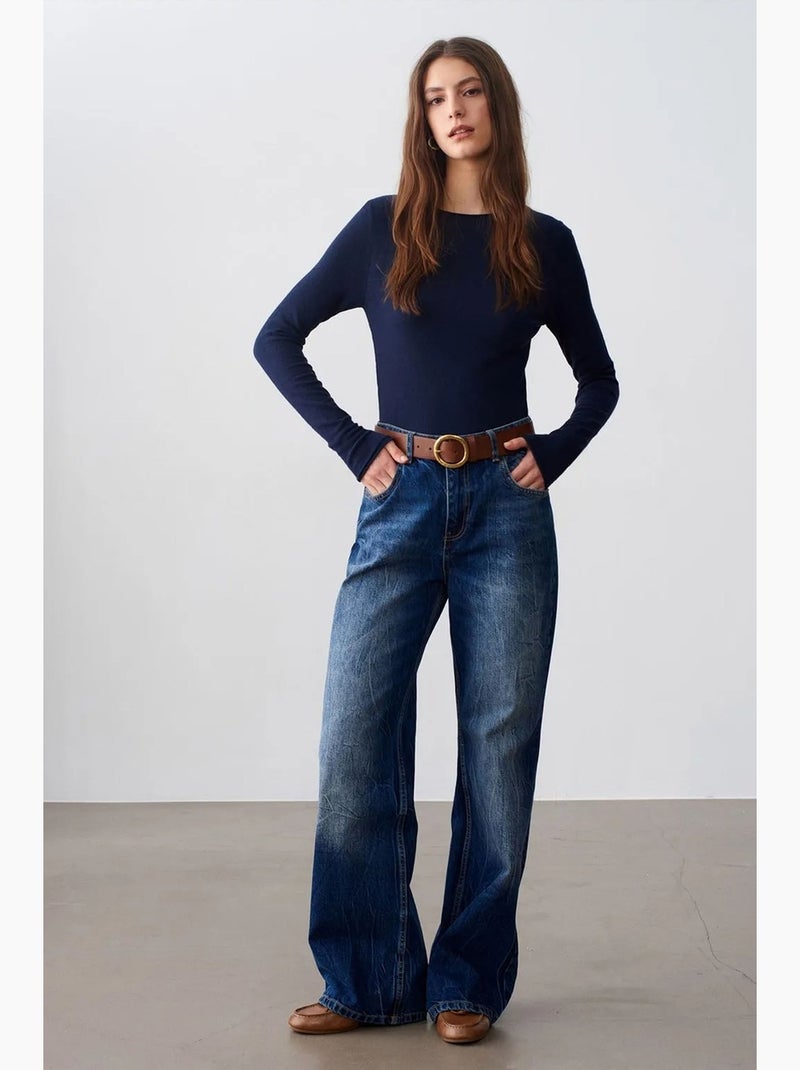 Women's maglione a coste con scollo a barca slim fit dilvin Blu marino - Kiabi