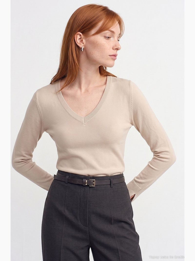 Women's maglione in maglia con scollo a v e spacchi laterali dilvin Beige argilla - Kiabi