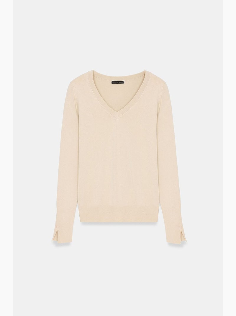 Women's maglione in maglia con scollo a v e spacchi laterali dilvin Beige argilla - Kiabi