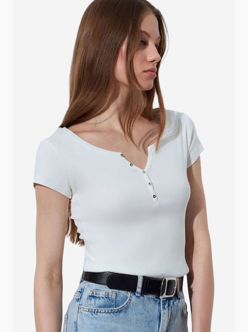 Women's t-shirt in cotone slim fit con scollo a u dilvin Ecru - Kiabi