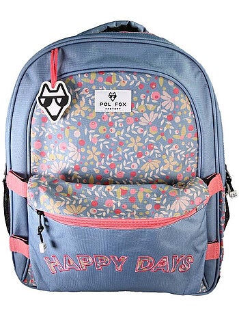 Zaino scolastico bambina POL FOX HAPPY JEAN reversibile 2 scomparti blu navy motivo fiore