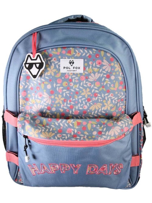 Zaino scolastico bambina POL FOX HAPPY JEAN reversibile 2 scomparti blu navy motivo fiore - Kiabi