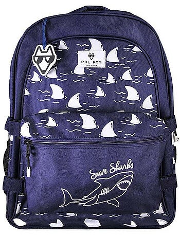 Zaino scolastico bambino POL FOX SHARK reversibile 2 scomparti blu navy motivo squalo