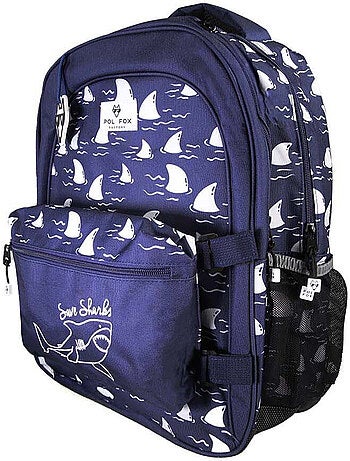 Zaino scolastico bambino POL FOX SHARK reversibile 2 scomparti blu navy motivo squalo