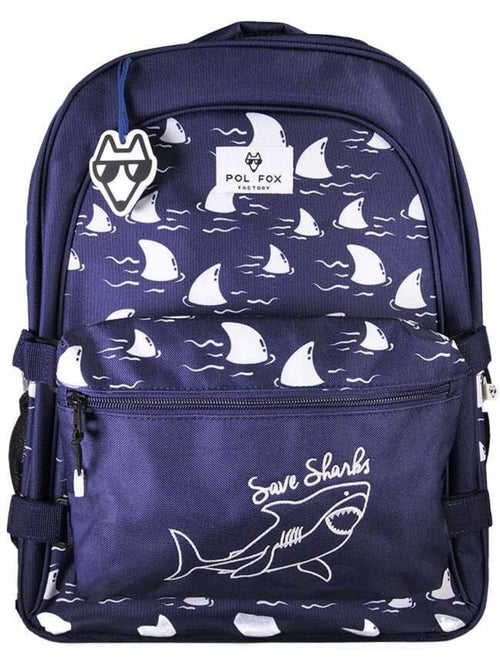 Zaino scolastico bambino POL FOX SHARK reversibile 2 scomparti blu navy motivo squalo - Kiabi