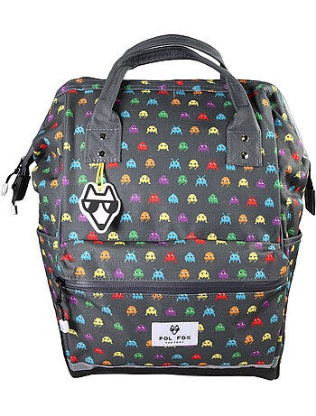 Zaino scuola bambino 1 scomparto POL FOX Space Invader grigio motivo extraterrestre gaming