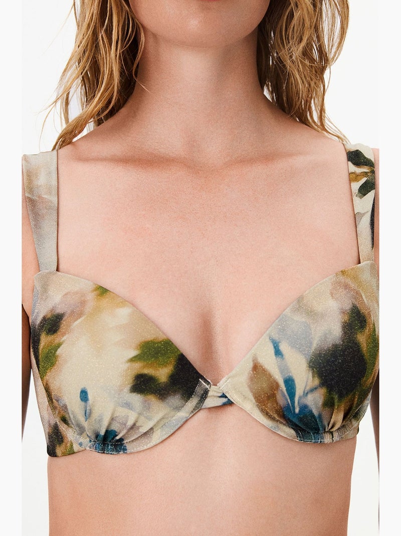 Zoe cup top bikini con motivo a foglie e filato lucido penti Beige/Verde/Blu - Kiabi